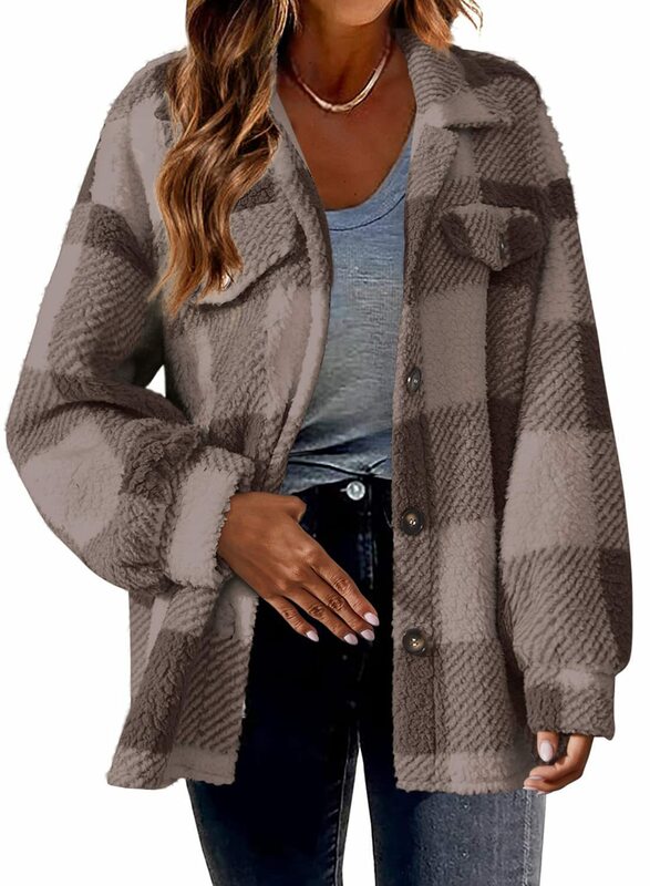 여성용 루즈 캐주얼 포켓 격자 무늬 램 플리스 재킷, 단추 플러시 편안한 다용도 코트, 2023 가을 및 겨울 신상 패션