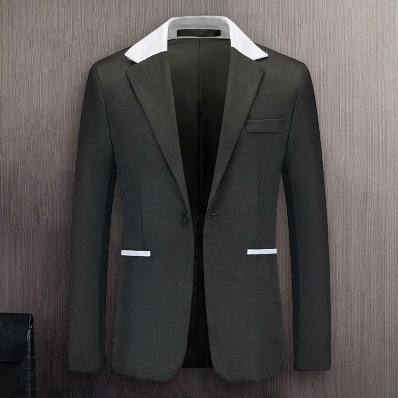 Jaqueta com retalhos de cores masculina, lapela, manga comprida, bolsos, casaco justo, blazer de um botão, casual, 2024