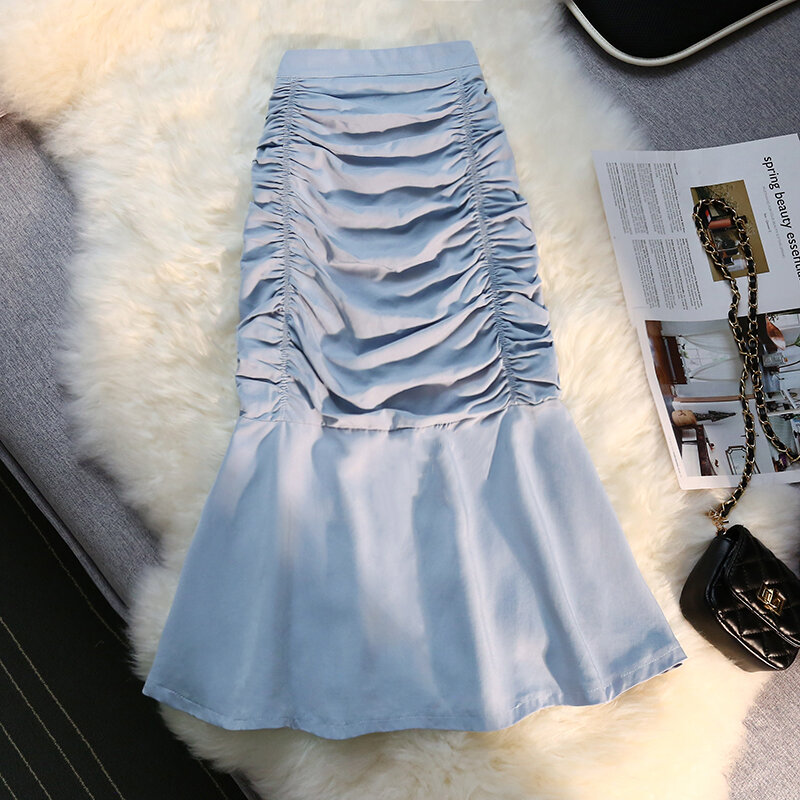 Женская юбка-Русалка с высокой талией Wisher & Tong, длинные юбки со складками, корейская мода, плиссированная юбка миди, лето 2022