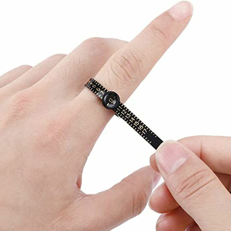 Calibrador de anillos de plástico negro, medidor de dedo genuino, banda de anillo de boda con lupa, herramienta de medición de joyería, tamaños 1-17