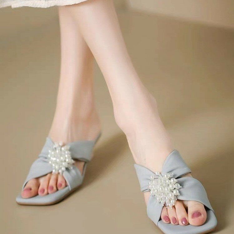 Zapatillas de punta cuadrada con cuentas para mujer, Zapatos de tacón, sandalias de diseñador, chanclas de verano, Zapatos de playa, 2024