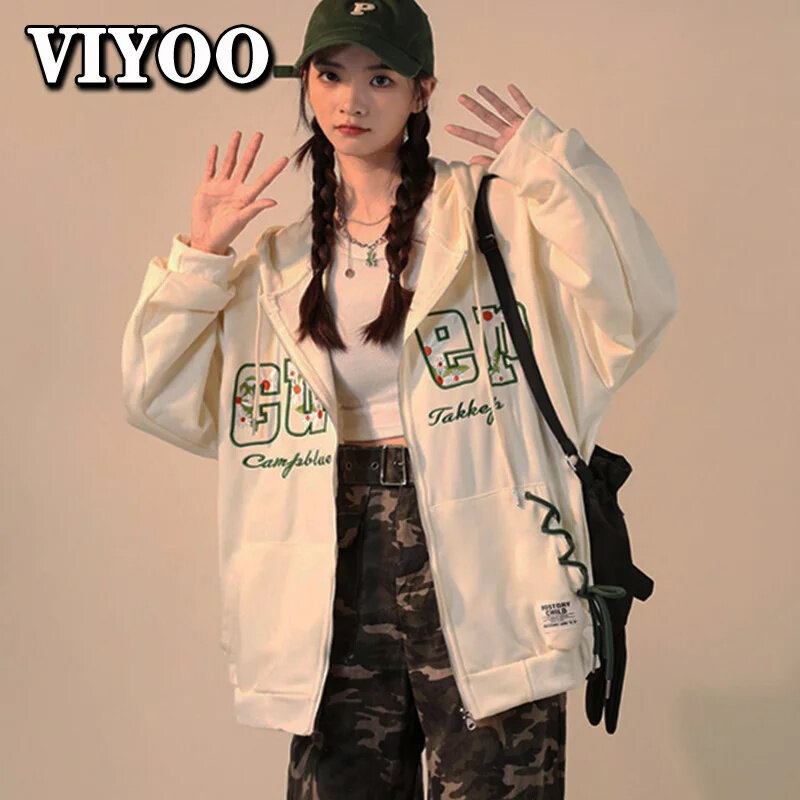 Женская одежда Y2K, толстовка на молнии, худи в готическом стиле, свободная повседневная толстовка с капюшоном в стиле Харадзюку, корейский стиль