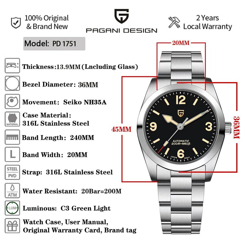 PAGANI DESIGN-Relógios mecânicos automáticos para homens, NH35 Sapphire Stainless Steel AR Coating, 20Bar Clock, 36mm, Novo, 20Bar, 2022