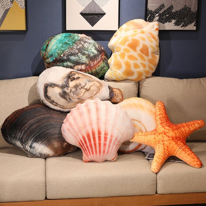 Concha de concha de la vida Real, estrella de mar, abulón, ostra, almohada de felpa, simulación de animales marinos del océano, juguete divertido, decoración creativa de la habitación