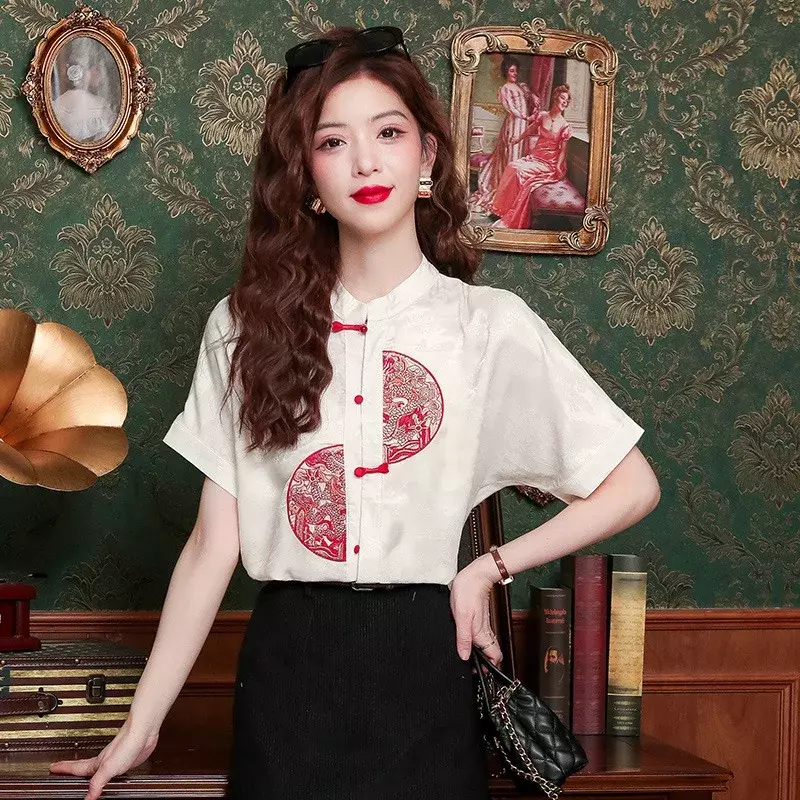 Ycmyunyan-女性の花刺繍シフォンブラウス、半袖シャツ、サマーブラウス、ルーズトップス、ファッション衣類、中国風