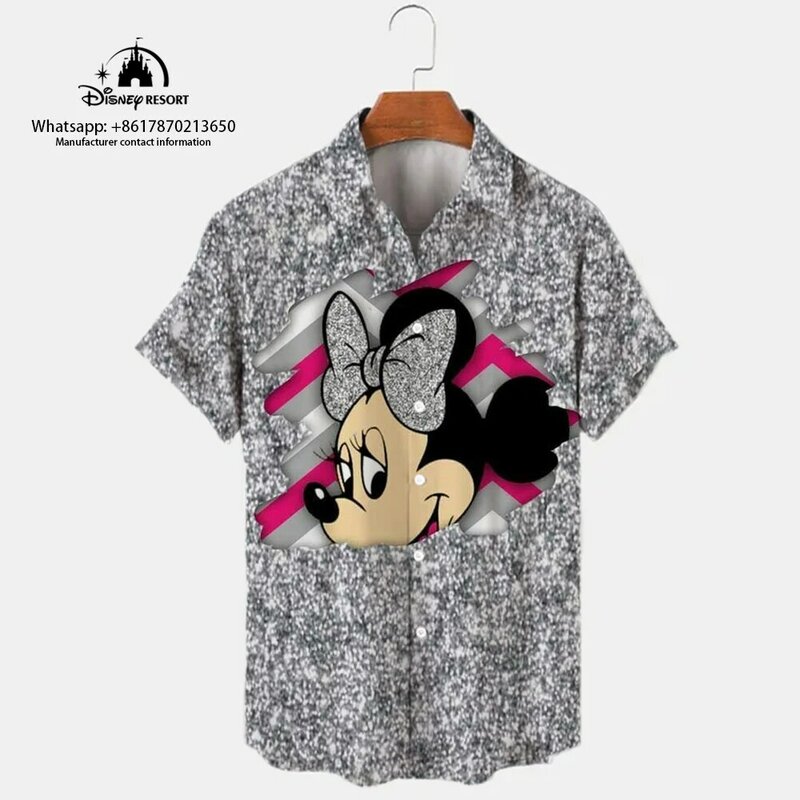 2024 Nowa moda 3D Harajuku Street Style Lapel Short Sleeve Single Breasted Shirt Mickey Pattern Print Casual Beach Shirt Y2K