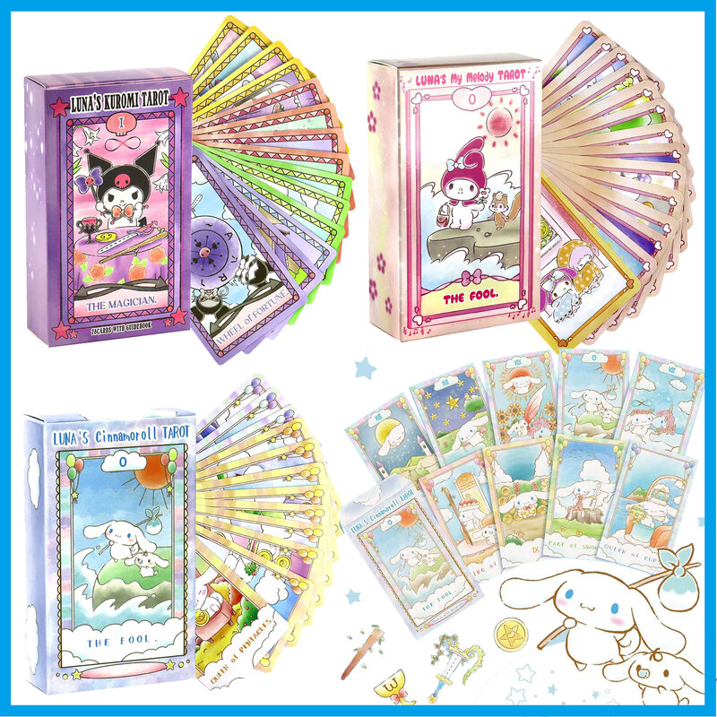 Cartas de baraja de Tarot de Luna'S Kuromi, Cinnamoroll Sanrio, adivinación, juego de fiesta, coleccionable, adecuado para principiantes, 78 piezas