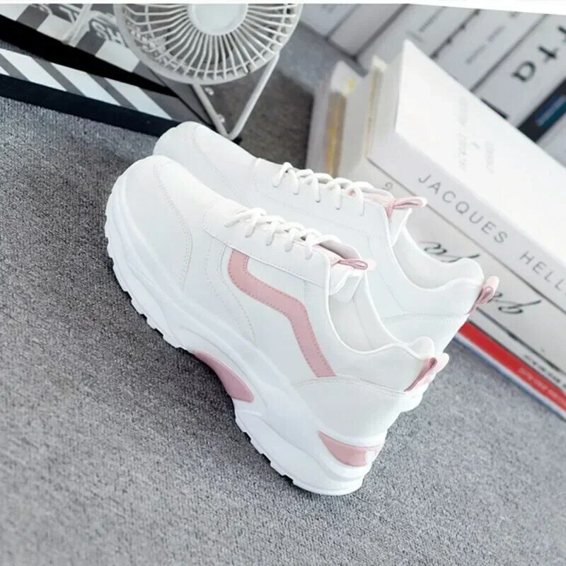 Casual Women Thick-soled Sneakers Fashion Spring Autumn Summer White Black PU lace-up  Vulcanized Shoes Mesh Rubber Non-slip New