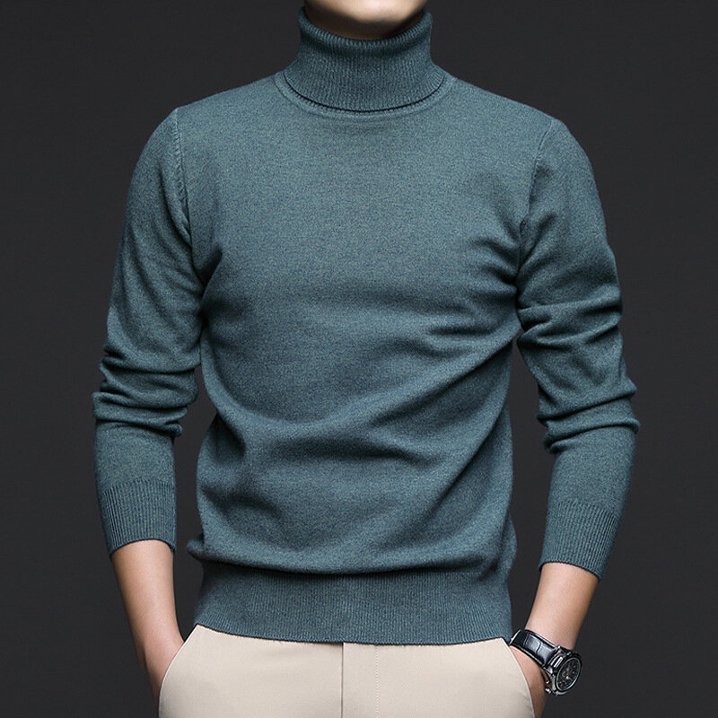 Long Sleeve Sweater Men's Autumn and Winter New Warm Turtleneck Solid Color Casual Slim Fit All-Match Sweater Men
