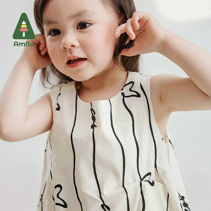 Amila 2024 Summer New Baby Skirt Simple and Comfortable All-match Striped TankTop Dress for Girls 0-6Y