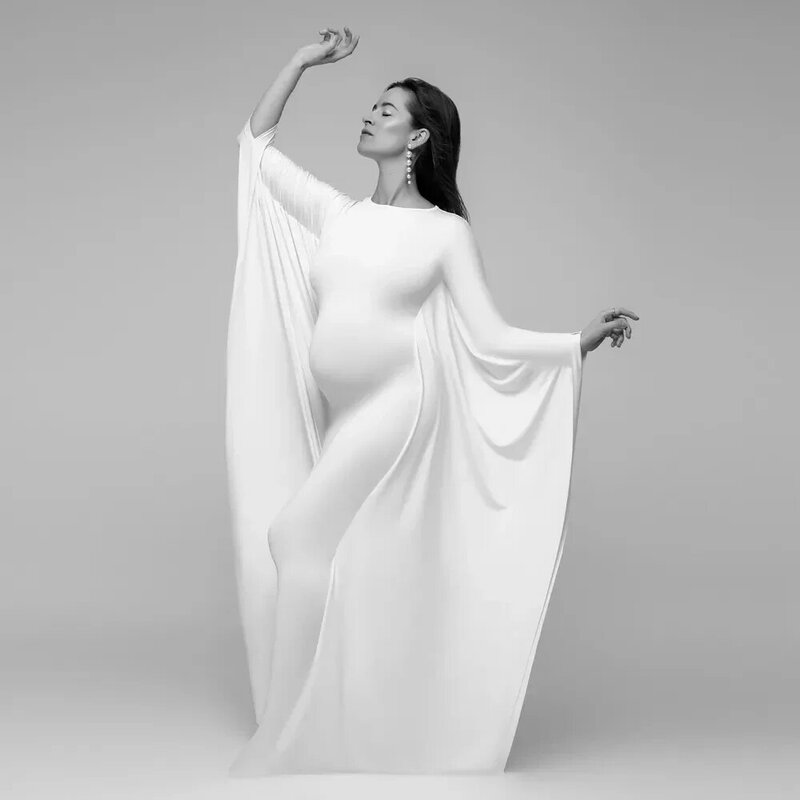 Elegante weiße Kleider für Mutterschaft Fotografie Fledermaus Ärmel lange sogar weiße Meerjungfrau Frauen Kleid Schwangerschaft Fotoshooting Kleider