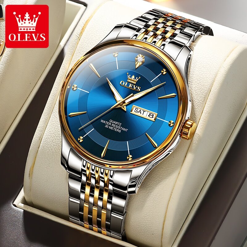 OLEVS jam tangan Quartz pria antiair, biru, modis, Stainless Steel, tanggal bisnis, tanggal, pekan, untuk lelaki