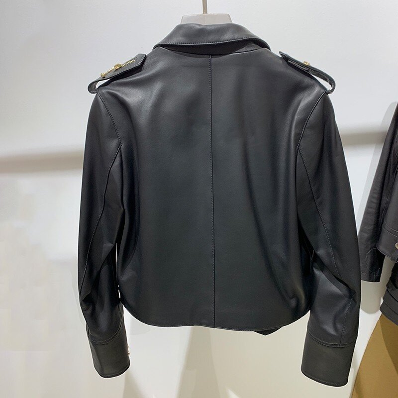 2023  Office Ladies Brand Genuine Leather Short Jacket Women Fashion Zippers Motorcycle Coat Streetwear Personality Biker Jacket