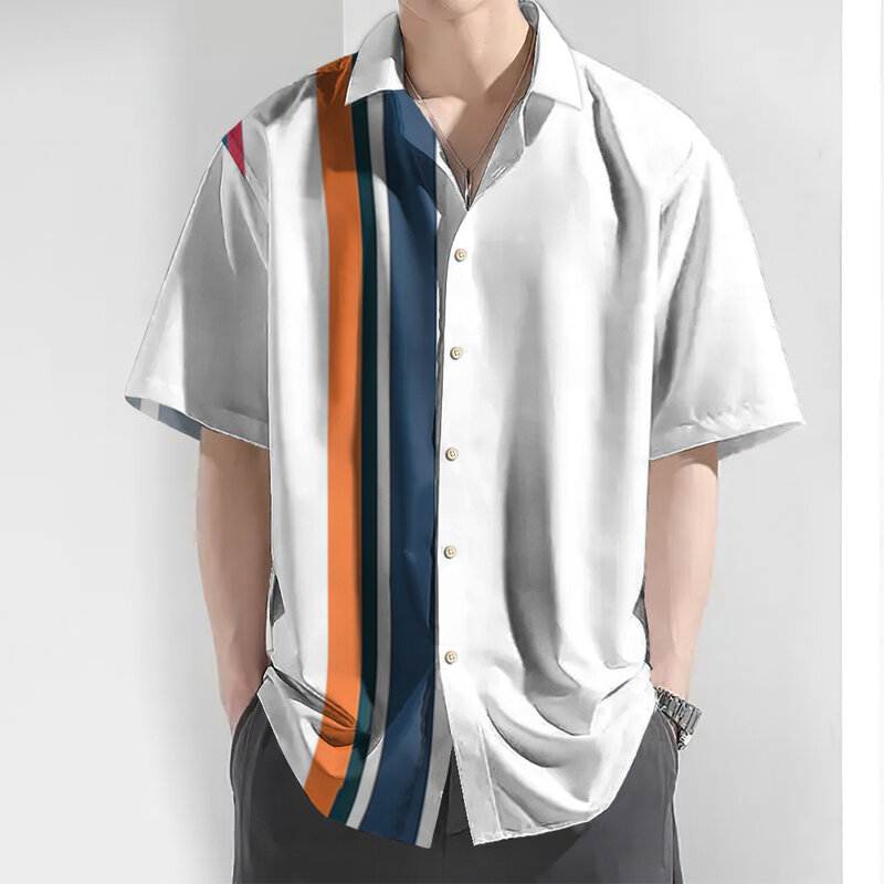 2024 Koszula w paski Koszula męska 3d Proste topy z krótkim rękawem Letnia koszula Guzik Casual Street Tee Modna bluzka Hawaje