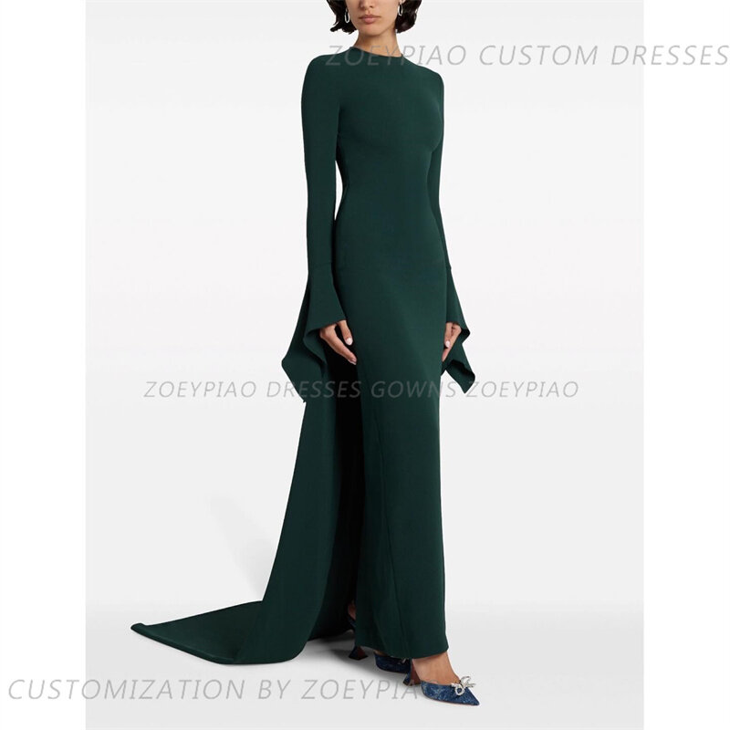 ダークグリーンのサテンのイブニングドレス,長袖,ハイカラー,床の長さ,ドレス,ロング,2021