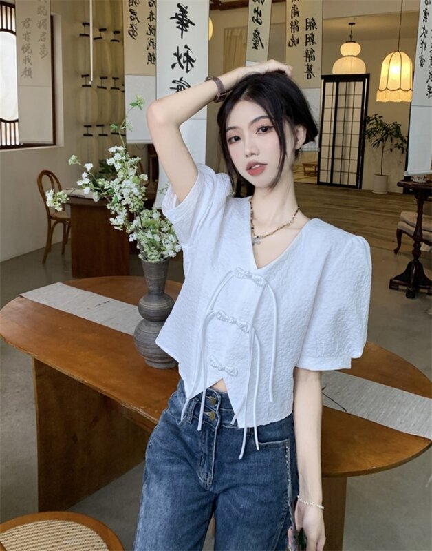 Miiiix camisa de manga corta con botones de estilo chino para mujer, camisa de hombro completo, camiseta adelgazante francesa ligeramente gordito, Verano