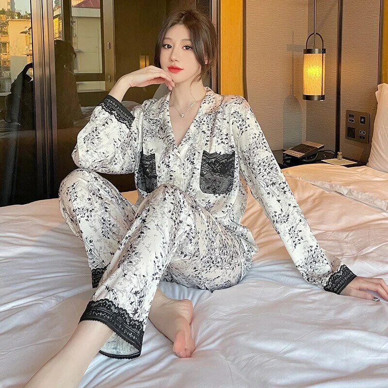 Spring Black Lace Applique Ice Silk Printed Satin Long Sleeve Shirt Pants Pajamas Set Soft Homewear Can Be Worn Out Sleepwear