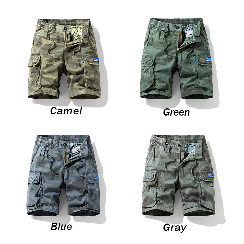 Shorts de carga com vários bolsos camuflados masculinos, corredores de praia masculinos, shorts de algodão plus size, moda primavera, verão, novo