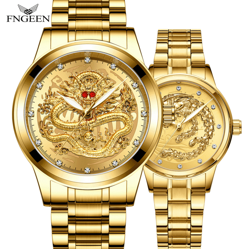 FNGEEN jam tangan Quartz Pasangan Pria Wanita, emas penuh mewah panggilan besar naga Phoenix tahan air kalender tanggal bulat