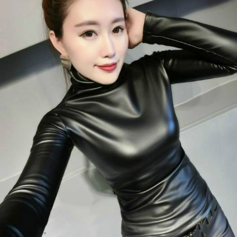 Fashion Autumn Women PU Leather Tops Shirts turtleneck Long Sleeve slim Casual 4XL skinny sexy High collar warm