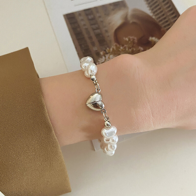 KINFOLK Trendy perła serce bransoletki dla kobiet dziewczynki kolor srebrny miłość przyciąganie magnetyczne bransoletki para biżuteria prezenty ślubne