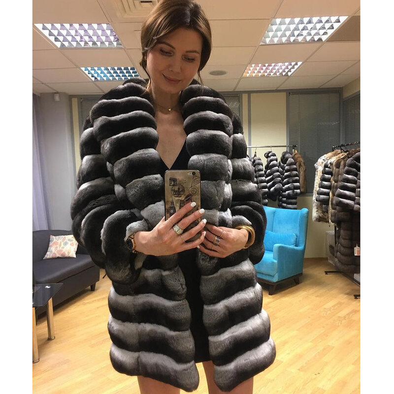 Fur Jacket Natural Rex Rabbit Fur Jacket Women Mid-Length Chinchilla Color Coat Luxury Best Selling
