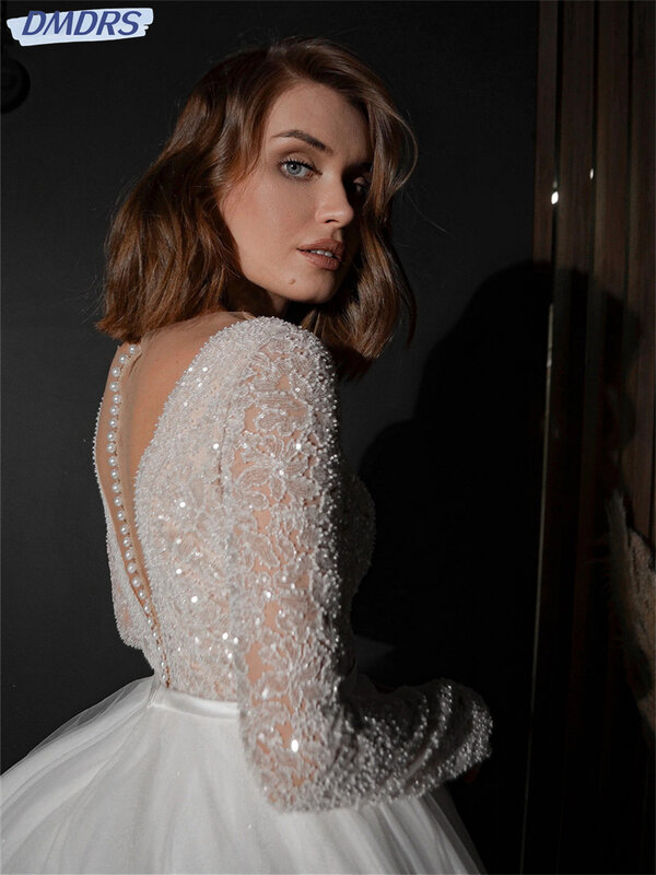 Sexy Deep V-neck Wedding Dress Romantic Long-sleeved Bride Gown 2024 Elegant Sequined A-Line Bride Robe Vestidos De Novia