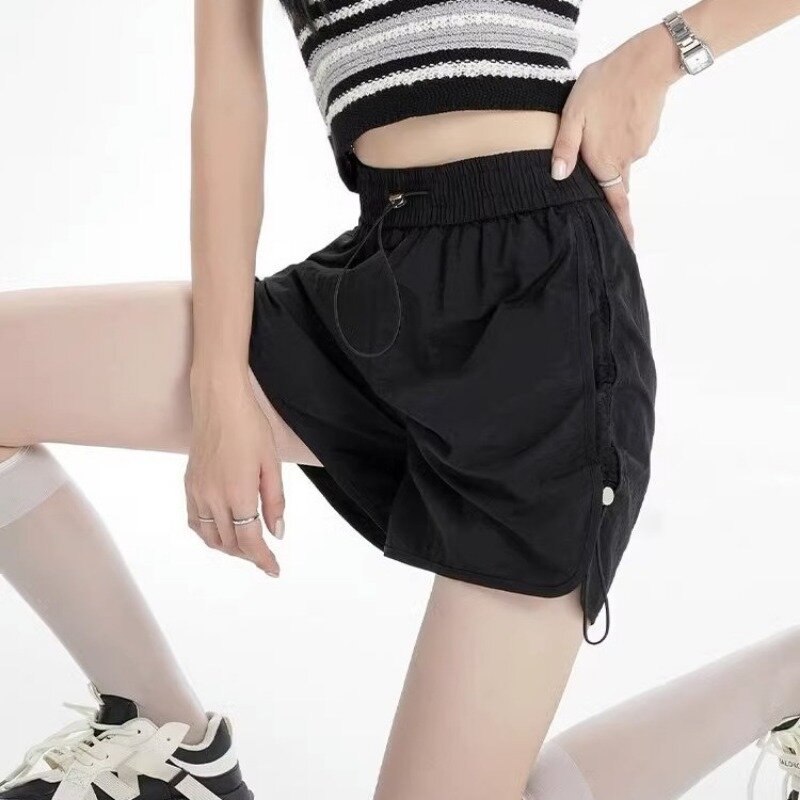 Celana pendek kargo wanita musim panas semua cocok kasual longgar tali serut kaki lebar pinggang tinggi Jogger modis Korea Preppy anak muda Ins wanita