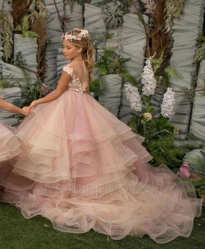 Gaun gadis bunga berjenjang merah muda Applique renda bunga gaun pesta pernikahan anak pakaian anak-anak baru gaun Komuni Pertama Putri