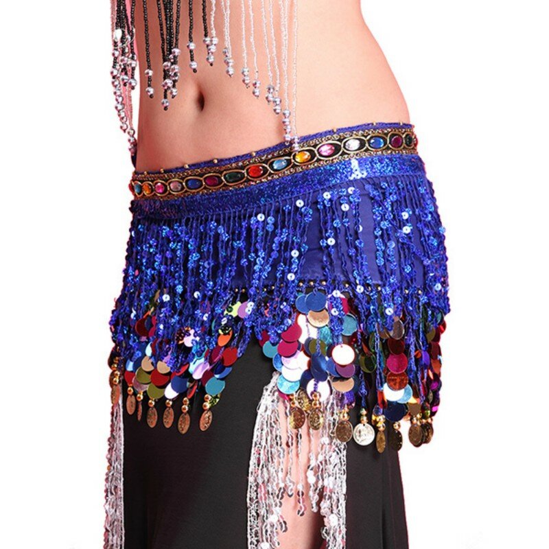 Bufanda de gasa multicolor para danza del vientre para mujer, cinturón de lentejuelas con monedas, falda con borla, ropa de baile