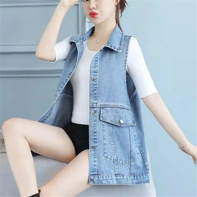 2022 novo coreano denim colete feminino meados de comprimento primavera outono solto sem mangas casaco sólido casual all-match jeans colete topos