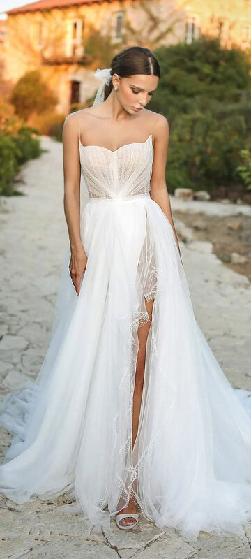 Gaun pengantin Model A Line dengan ritsleting belahan samping gaun rideng De Novia buatan khusus tali Spaghetti gading Sweetheart