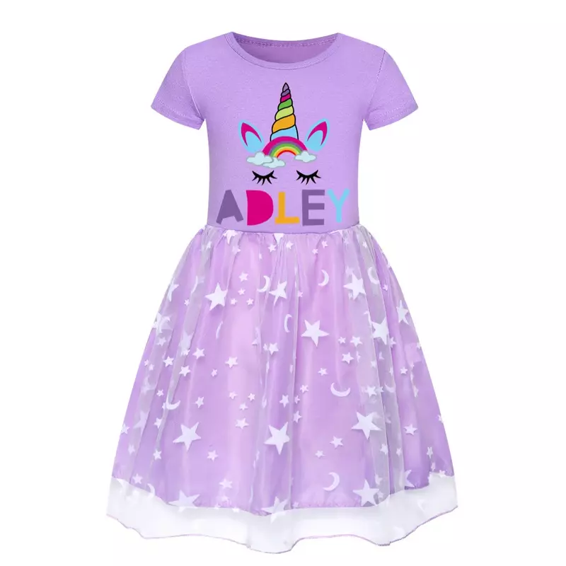 Cute A FOR ALDEY Clothes Kids Summer Short Sleeve Dress Baby Girls Rainbow Mesh Casual Evening Dresses Elegant Princess Vestidos