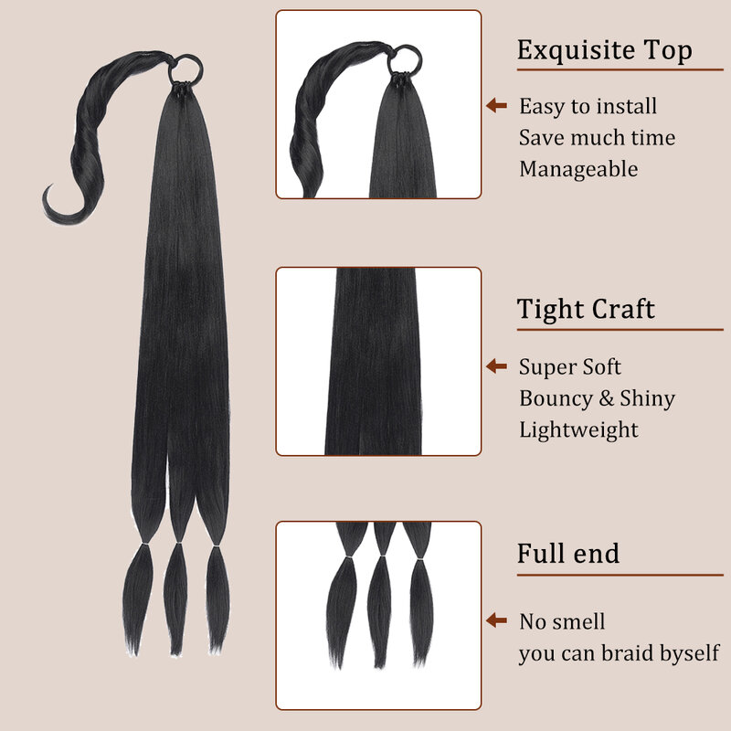 وصلات اصطناعية طويلة مضفرة بذيل الحصان مع ربطة شعر ، وصلات شعر مستقيمة ملفوفة حول الشعر ، شعر طبيعي ناعم ، تصنعه بنفسك