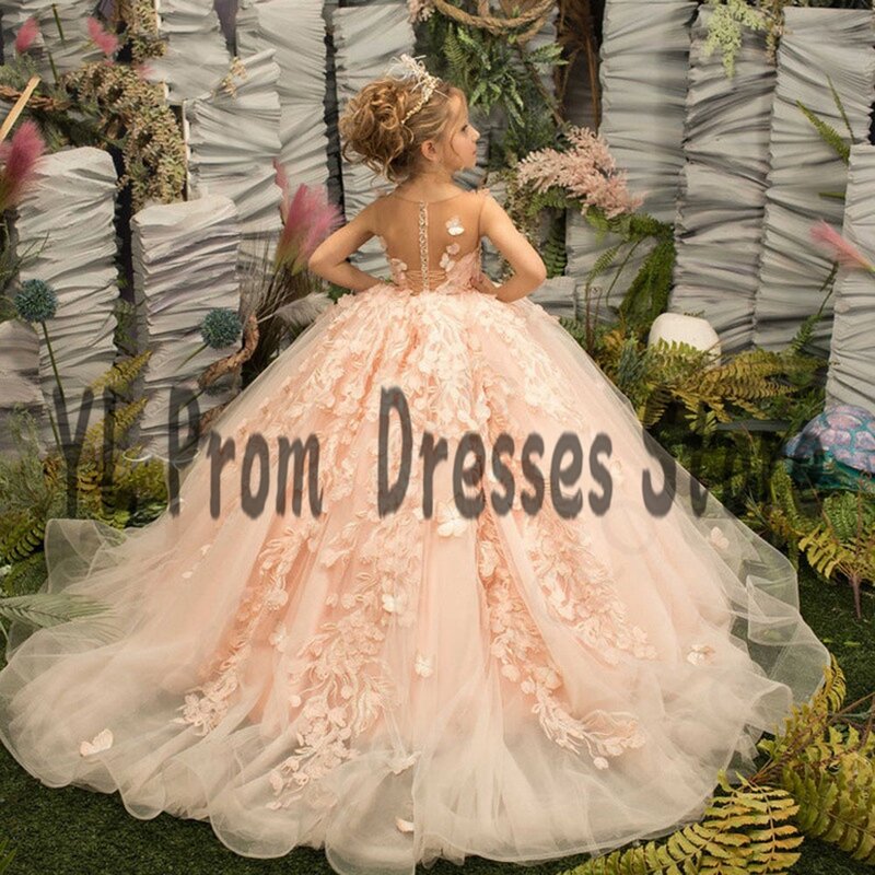 YL Gogerous 3D apliques High Wasit vestidos de niña de flores Barre tren Rosa tul desfile cumpleaños sesión de fotos vestidos de primera comunión
