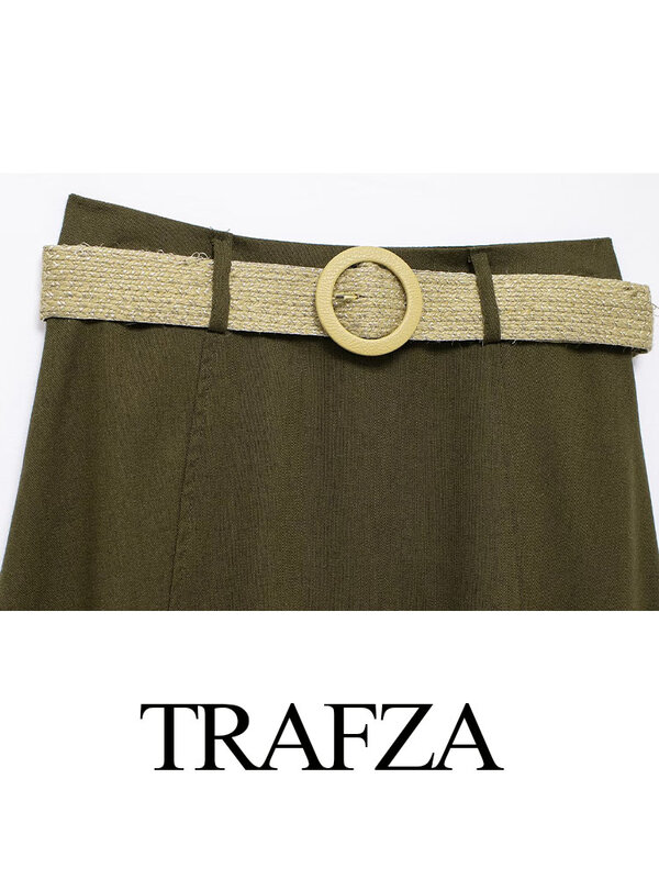 TRAFZA Women Summer Chic Versatile Sashes Military Green Ankle Length Skirt Female Fashion Beach Style Vintage A-Line Skirt TRAF