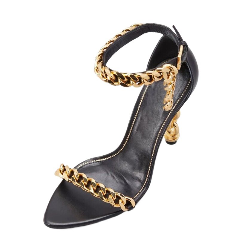 Sandálias personalizadas de salto de metal dourado para mulheres, vestido Stiletto, fivela de tornozelo festa, sapatos de senhora do escritório, Toe quadrado aberto, salto alienígena alto