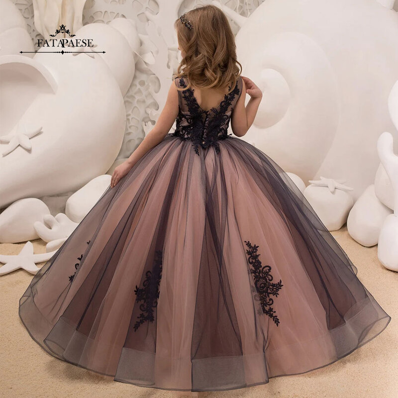 FATAPAESE Black Lace Tulle Formal Flower Girl Dress for Kids Special Occasion Bridesmaid Party Wedding Pageant Birthday Christma