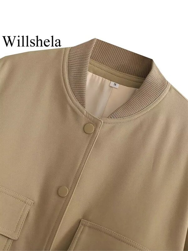 Willshella jaket Bomber polos untuk wanita, pakaian mantel lengan panjang leher-v Single Breasted dengan saku untuk wanita