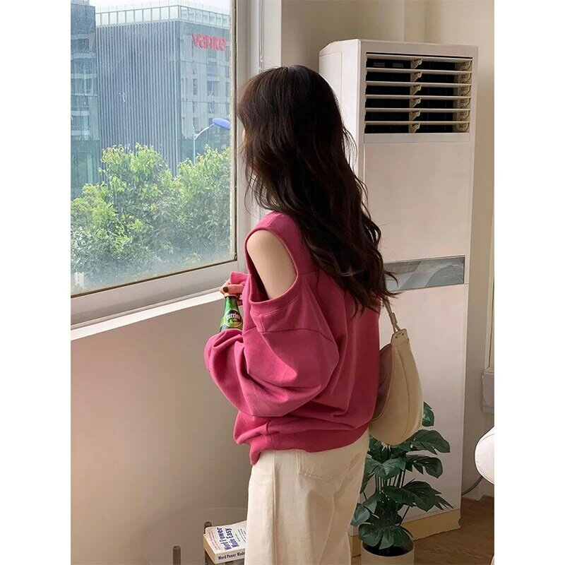 Spring Autumn Round Neck Off the Shoulder All-match Casual Sweatshirt Ladies Hollow Out Solid Color Top Women Oversized Pullover
