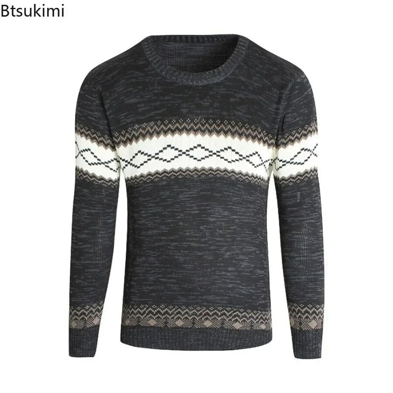 2024 Men's Contrast Color Knitted Sweater Autumn Winter Ethnic Style Slim Fit Bottom Knitted Sweater Tops for Men Casual Sweater