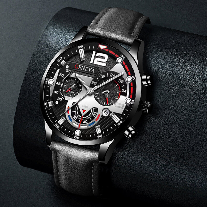 3PCS Set Fashion Mens Calendar Watches Men Business Black Beaded Bracelet Necklace Leather Strap Quartz Wrist Watch Reloj Hombre