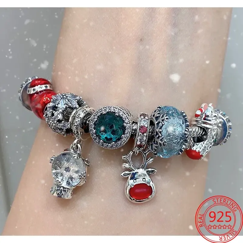 Breloque en argent regardé 2023 pour bracelet Pandora, voiture et arbre de Noël, renne et souris, perles de coeur rouge, cadeau de bijoux, original, 925