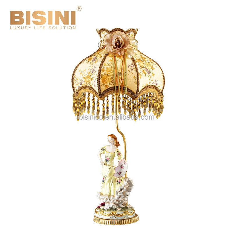 Antique Noble Replica Rococo Style Handpainted Floral Lady Holding Umbrella Pedestal Table Lamp with Pink Floral Lampshade