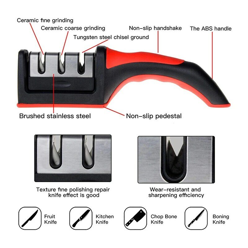 Pengasah pisau, pengasah pisau genggam multi-fungsi 3 tahap jenis alat pengasah cepat dengan alas anti selip aksesoris pisau dapur Gadget