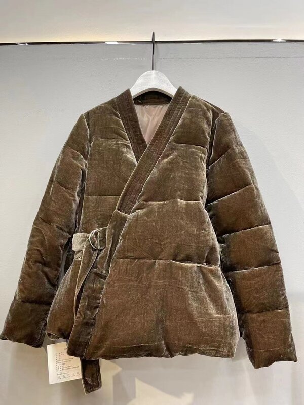 velvet cotton warm women coat 2024 winter new V-collar padded jacket