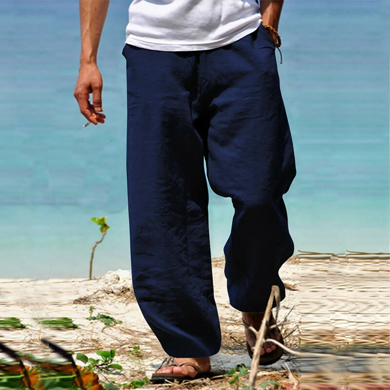 Celana panjang katun Linen pria, Bawahan kasual longgar bernafas warna polos, pakaian jalanan Fitness musim panas