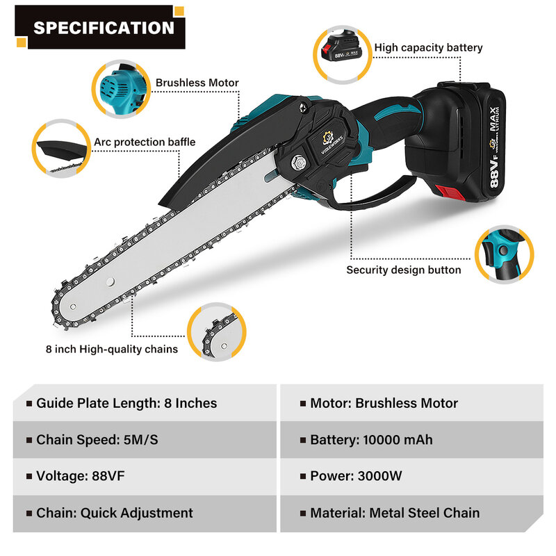 VIOLEWORKS 8 Inch 88VF Mini Brushless Electric Chain Saw Handheld Pruning Rechargeable Wood Power Tool For Makita 18V Battery