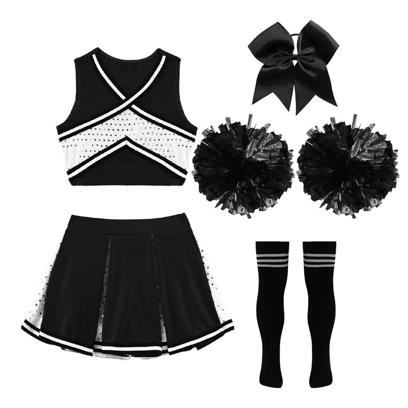 Uniforme de Cheerleading sem mangas infantil, Roupa de Cheerleading, lantejoulas, Top Crop, Saia com Meias, Flor, Crianças School Girls Dancewear Sets