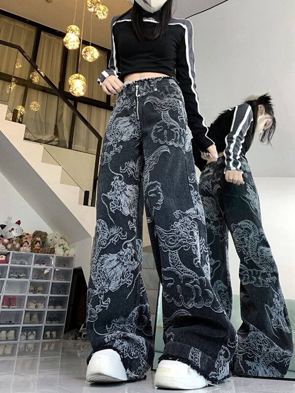Jeans bordados dragão casual americano para feminino, calças retas de pernas largas, finas, grafite, popular, moda de rua alta, nova, Y2K